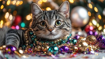 Festive tabby cat amidst colorful holiday decorations and glittering ornaments. Mardi Gras, Fat Tuesday, Carnival Season. Bright Parades, Masks, Festive Costumes, Vibrant Atmosphere
