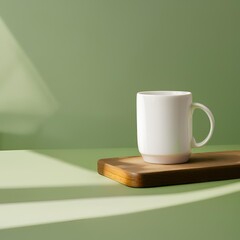 Blank white mug mockup on green background.