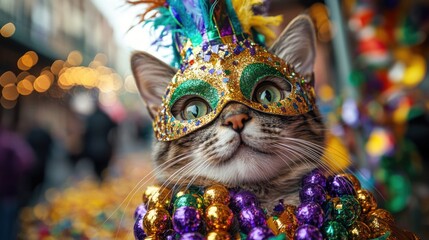 Festive cat in colorful mask and beads celebrating mardi gras. Mardi Gras, Fat Tuesday, Carnival Season. Bright Parades, Masks, Festive Costumes, Vibrant Atmosphere