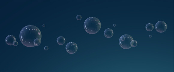 Realistic soap vector bubbles png isolated on transparent background. The effect of falling and flying bubbles. Glass bubble effect.