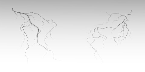 Realistic lightning flash effect, thunderstorm and lightning. Shining white lightning isolated on transparent background, natural phenomenon png. Black lightning.
