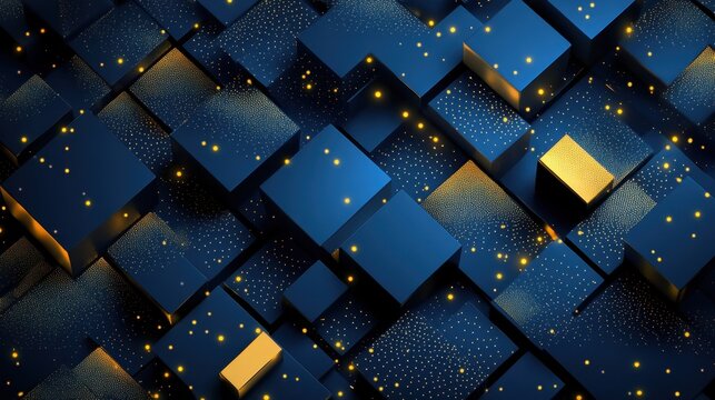 Create a 3D vector background with overlapping deep blue squares and golden accents. Include dotted and wavy patterns in gold, ensuring a central space remains clear for text placement. 