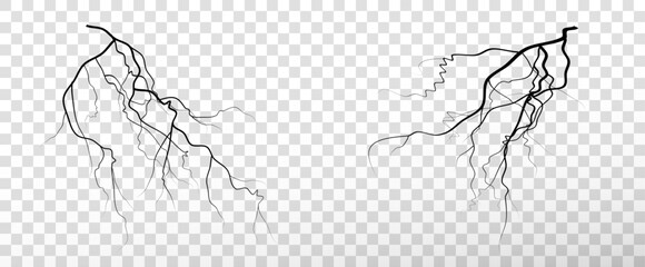 Realistic lightning flash effect, thunderstorm and lightning. Shining white lightning isolated on transparent background, natural phenomenon png. Black lightning.