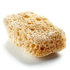 Close up of a porous, dried natural sea sponge resting on a white background, highlighting its unique texture
