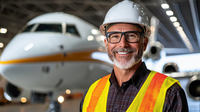 confident aviation engineer smiling in hangar with jet