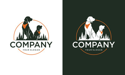 Creative vintage simple 2 dog in pine forest logo design vector