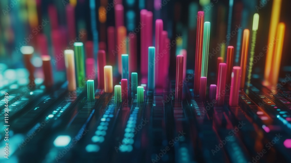 Poster A futuristic D bar graph with colorful, glowing bars rising on a digital screen, showcasing financial growth and performance over time