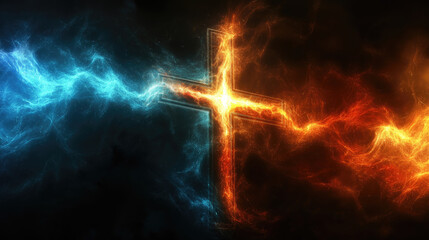 Glowing cross in fiery red and cool blue energy on black background. Easter, Pascha, Paskha, Ostern, Pascua, Paques - Orthodox and Catholic Holiday celebration