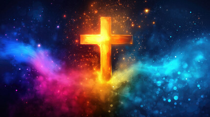 Vibrant cosmic cross: glowing symbol amidst colorful starry nebula. Easter, Pascha, Paskha, Ostern, Pascua, Paques - Orthodox and Catholic Holiday celebration