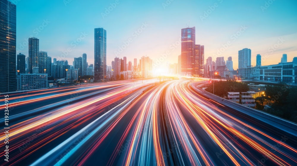 Poster A futuristic cityscape with streaking lights and glowing lines stretching across buildings, symbolizing high-speed light travel within an advanced urban setting
