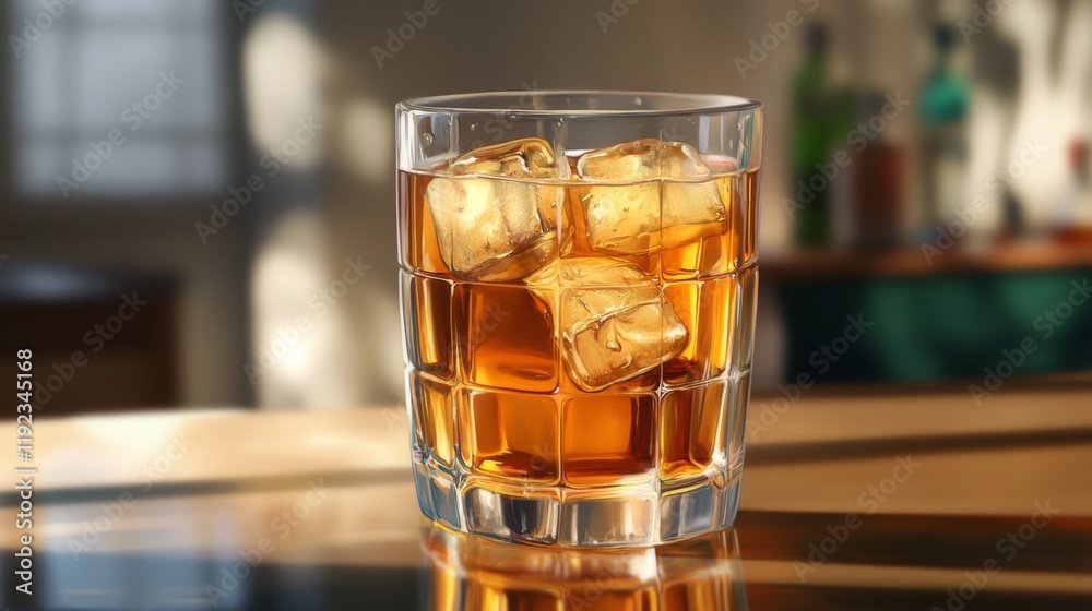 Poster A glass of beer with ice, sitting on a bar counter with reflections from the ice cubes and golden liquid, creating a refreshing and inviting atmosphere