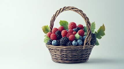 6. A basket of assorted fresh berries like raspberries, blackberries, and blueberries against a pure white background