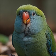 A parrotlet looking directly at the camera with a cheeky grin.