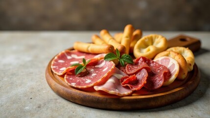 A delectable arrangement of cured meats and freshly baked bread, presented on a rustic wooden board for an elegant appetizer