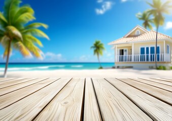Fototapeta premium Wooden Table Top with Tropical Beach Background: Product Display Presentation Mockup Design