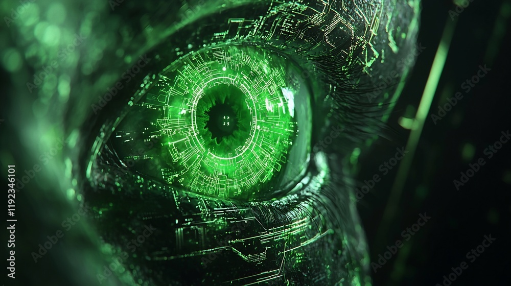 Poster close-up of a futuristic glowing green eye with digital circuitry.