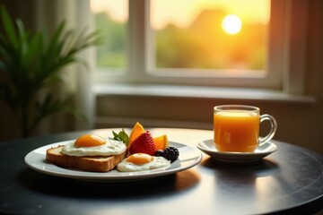 A delightful sunrise breakfast featuring sunny-side-up eggs served on toasted bread, accompanied by a vibrant mix of fresh berries and citrus slices, all complemented by a refreshing glass of juice.