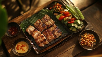A hotplate with pieces of marinated pork sizzling, accompanied by a side of fresh vegetables and sauces, on a wooden table under soft lighting