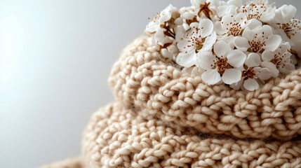 Fototapeta premium Beige Knitwear with Delicate White Blossoms: A Springtime Still Life