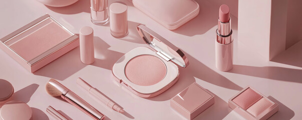 flat lay of makeup products and cosmetics in soft pastel colors, showcasing various items like blush, lipstick, and brushes, creating serene and stylish aesthetic