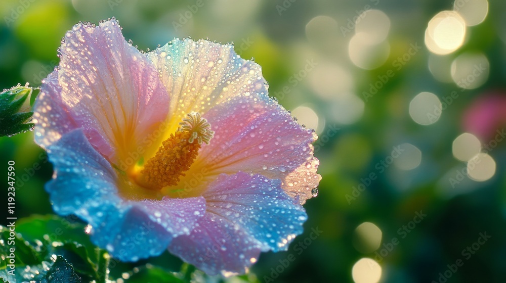 Poster a macro shot of a colorful flower with sparkling water droplets on its petals, set against a blurred
