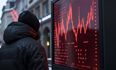 Individual observing stock market data displayed on a digital board in an urban setting during winter - Powered by Adobe