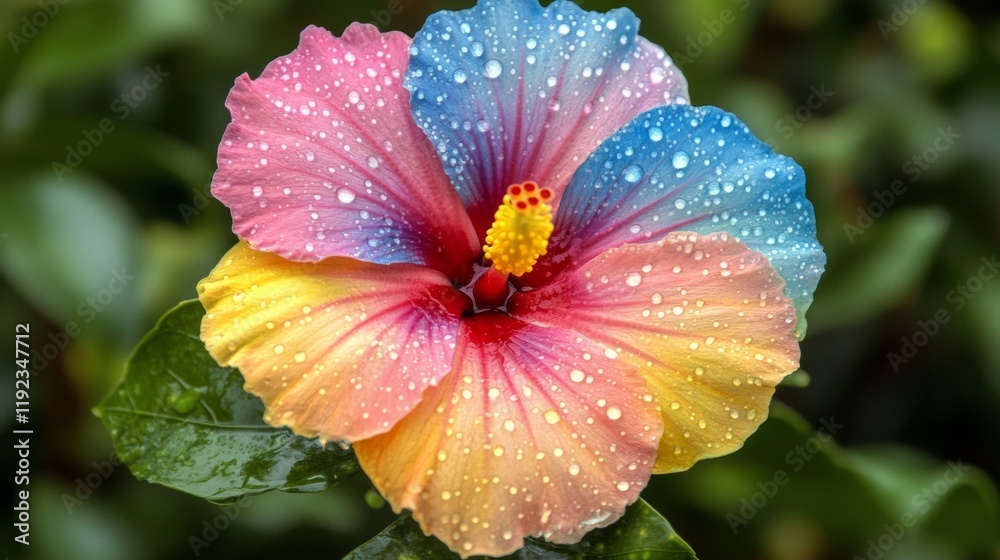 Poster a macro shot of a colorful flower with sparkling water droplets on its petals, set against a blurred
