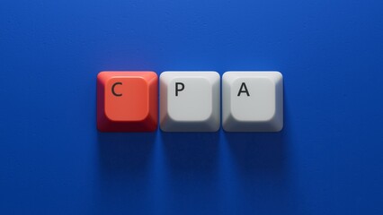 Certified Public Accountant. CPA the word on Computer keyboard keys, Computer keyboard keys stand on a reflective surface, in the background is a business diagram.3D rendering on blue background.