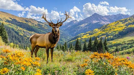 Majestic elk stands in autumnal mountain meadow