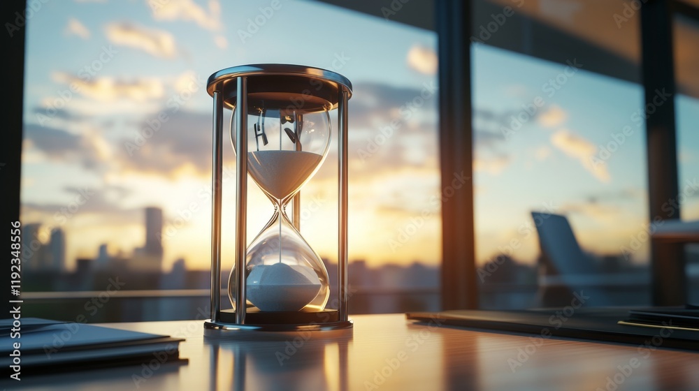 Aufkleber a modern hourglass with a metallic frame, sitting on a minimalist desk with soft sunlight filtering 