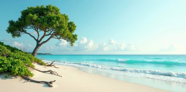 Tranquil Seaside Scene with Lush Green Foliage and Gently Rolling Waves on a Pristine Sandy Beach