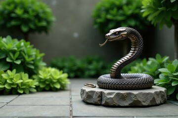 Fototapeta premium Serpentine Bronze Figurine Rests on Stone Base Amidst Lush Greenery