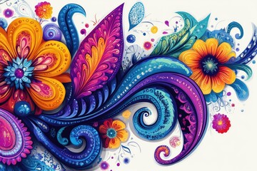 Colorful floral paisley pattern flourishing with vibrant flowers