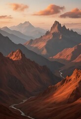 Fototapeta premium Majestic Mountain Range Sunset Landscape River Valley