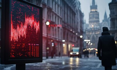 City street scene in winter with a person walking past a digital display showing market trends and historic data - Powered by Adobe