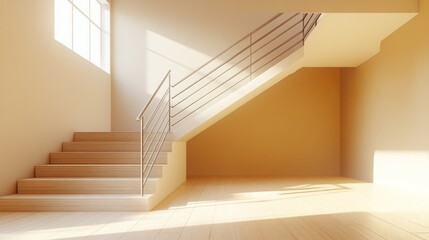 A modern minimalist staircase with sharp, geometric lines, light wood steps, and a metal railing,...