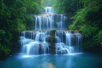 Obraz premium Idyllic waterfall cascading down mossy rocks in a lush green forest