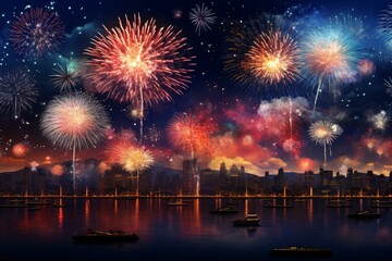 Vibrant fireworks illuminating the night sky above a cityscape reflected on the water