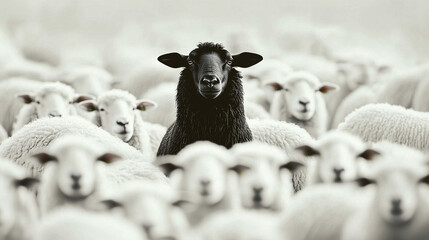 A close-up shot of a young black sheep with textured wool, sharply contrasted against blurred white sheep, emphasizing individuality with dramatic tones and bold detail.  
