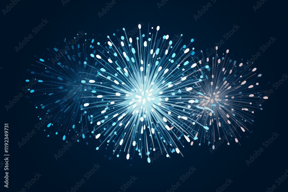 Poster abstract exploding fireworks with blue and white particles creating a festive atmosphere on a dark b