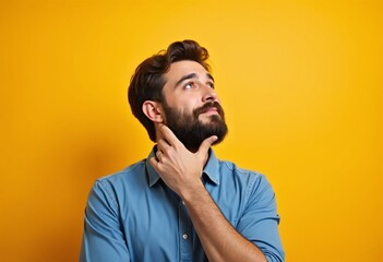 Pensive young bearded man in casual blue shirt posing isolated on yellow orange wall, studio portrait. People emotions lifestyle concept. Mock up copy space. Put hand prop up on chin, looking
