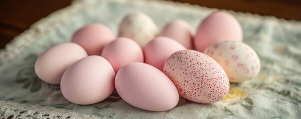 A cluster of Easter eggs in soft tones of pink and cream on a vintage table runner.