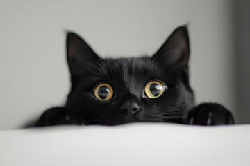Curious black cat peeking over a white surface with wide eyes in a cozy indoor setting