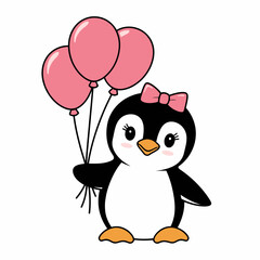 Cute Penguin with Pink Balloons and Bow Illustration