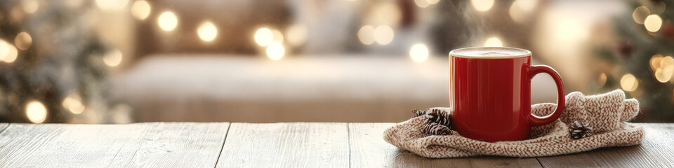 Warm red mug on cozy knitted blanket, surrounded by festive lights, creating comforting atmosphere perfect for winter