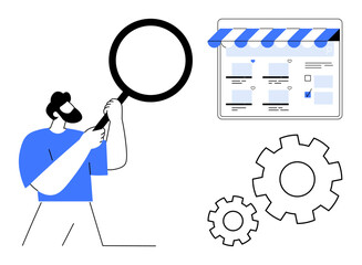 Man examines online store page using magnifying glass near gears, symbolizing fine-tuning and review process. Ideal for e-commerce, quality control, optimization, market research, product