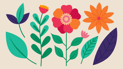 Flat Style Flower and Leaf Collection on a Soft Beige Background