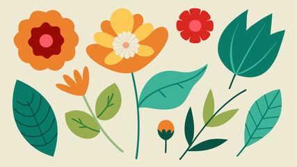Flat Style Flower and Leaf Collection on a Soft Beige Background