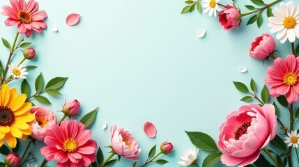 Fototapeta premium Pastel Floral Border Design Featuring Various Blossoms and Greenery on a Light Blue Background