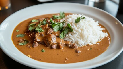 A plate of thinly sliced beef cooked in a rich brown sauce, served over fluffy white rice, garnished with fresh herbs, creating an appetizing, comforting dish